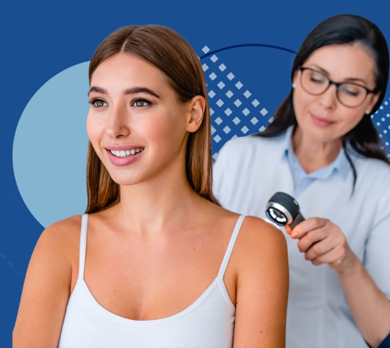 Practitioner examining young woman skin